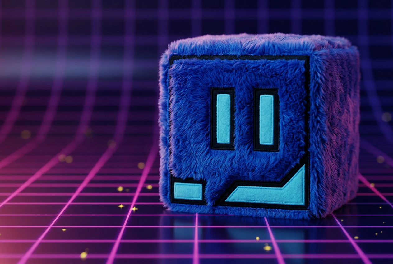 Cubo FaridR de peluche azul en un escenario retro neón